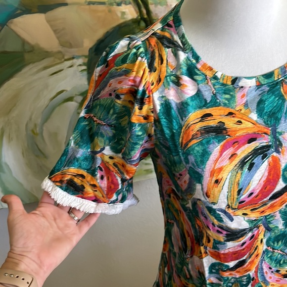 Chico's Linen Fringe Elbow Sleeve Tropical Banana Print Tee Top 00 xs - Picture 10 of 16